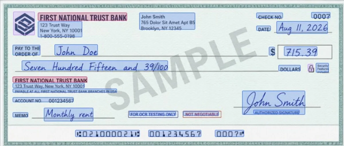 Handwritten bank cheque with fields detected and boxed