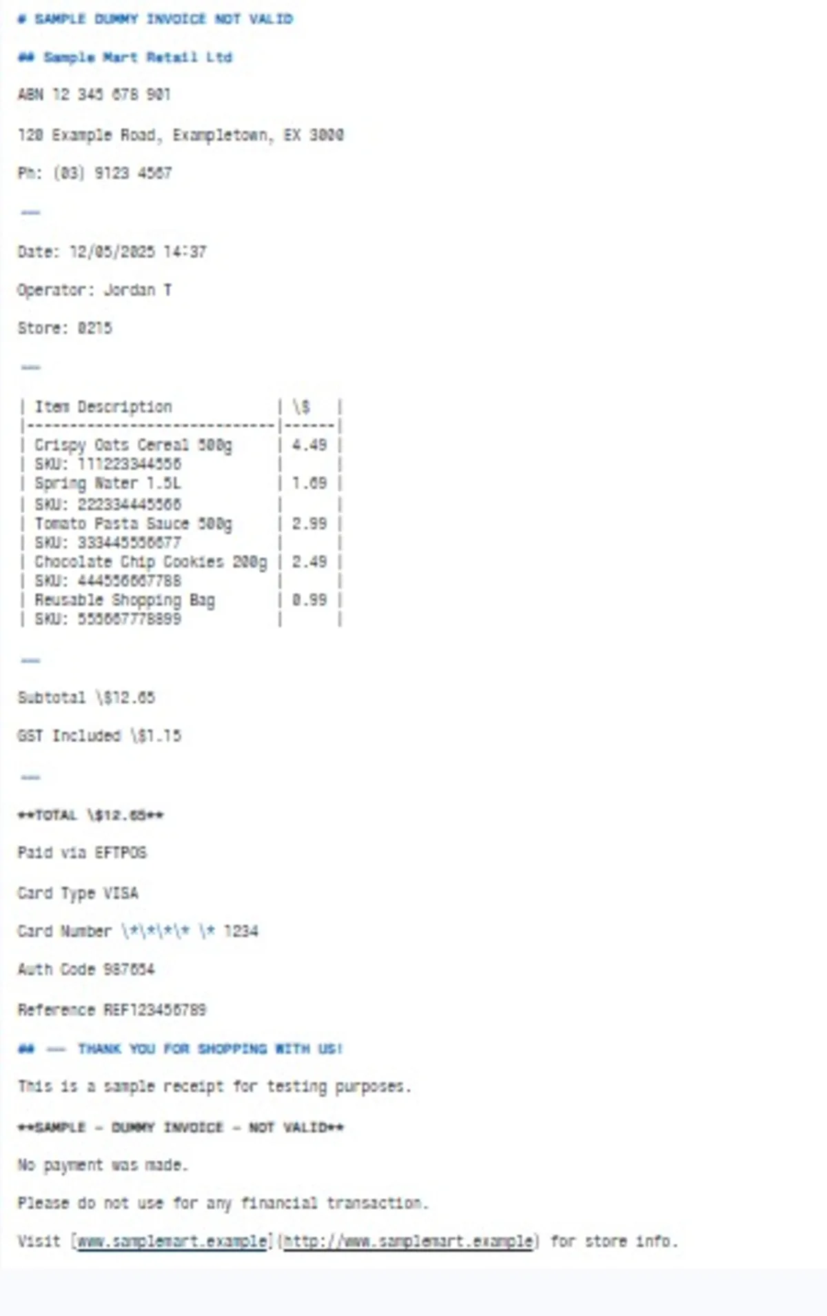 Receipt parsed into structured markdown data