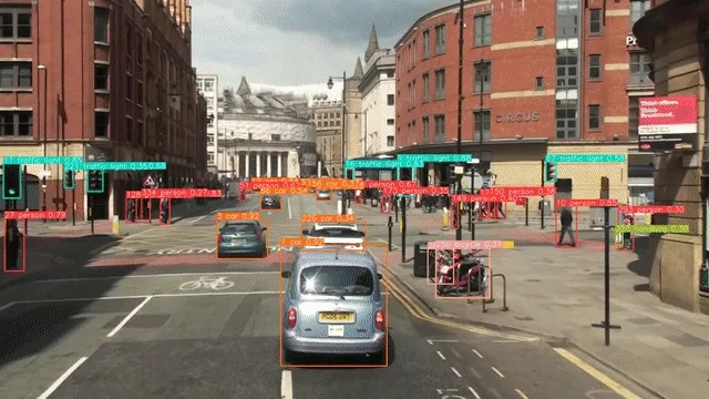 Daytime city street with YOLOv8 detecting people, cars, bicycles and traffic lights with confidence scores